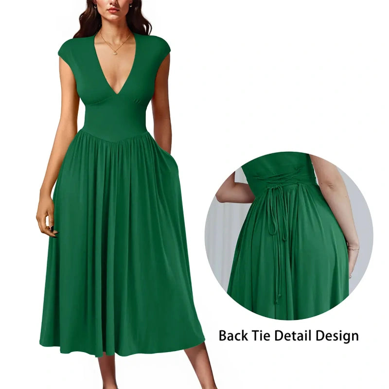 SALAZIA Deep V-Neck Cap Sleeve Pleated A-Line Midi Dresses