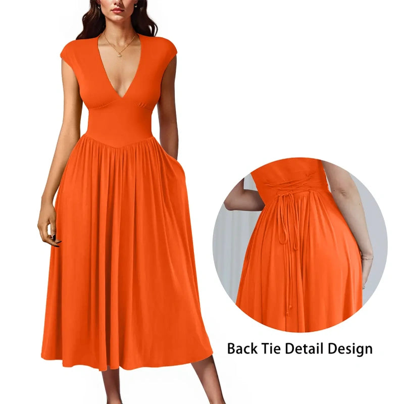 SALAZIA Deep V-Neck Cap Sleeve Pleated A-Line Midi Dresses