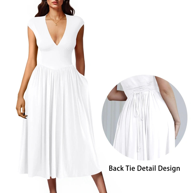 SALAZIA Deep V-Neck Cap Sleeve Pleated A-Line Midi Dresses