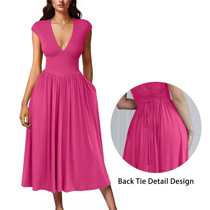 SALAZIA Deep V-Neck Cap Sleeve Pleated A-Line Midi Dresses