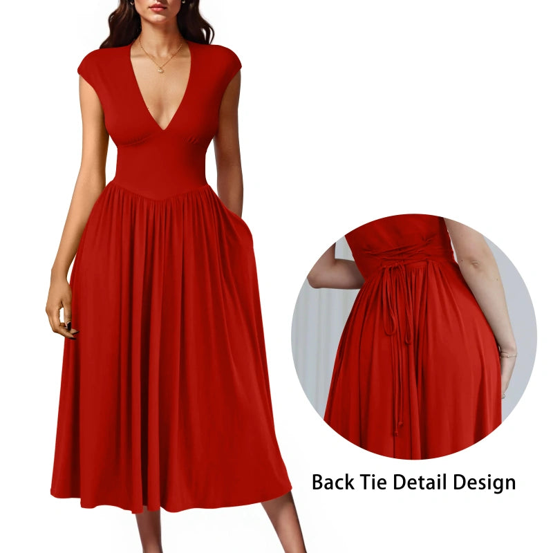 SALAZIA Deep V-Neck Cap Sleeve Pleated A-Line Midi Dresses