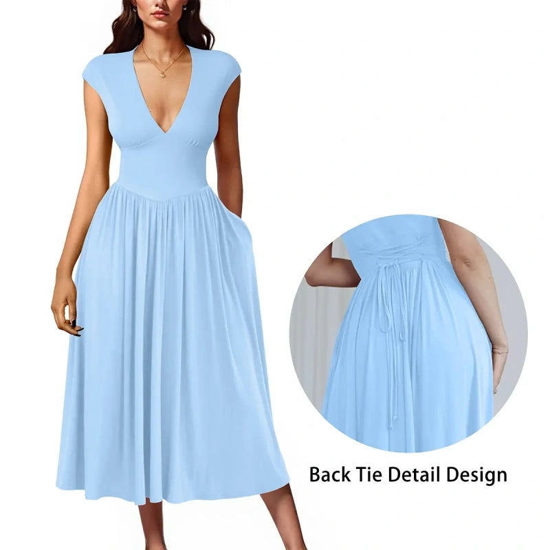 SALAZIA Deep V-Neck Cap Sleeve Pleated A-Line Midi Dresses