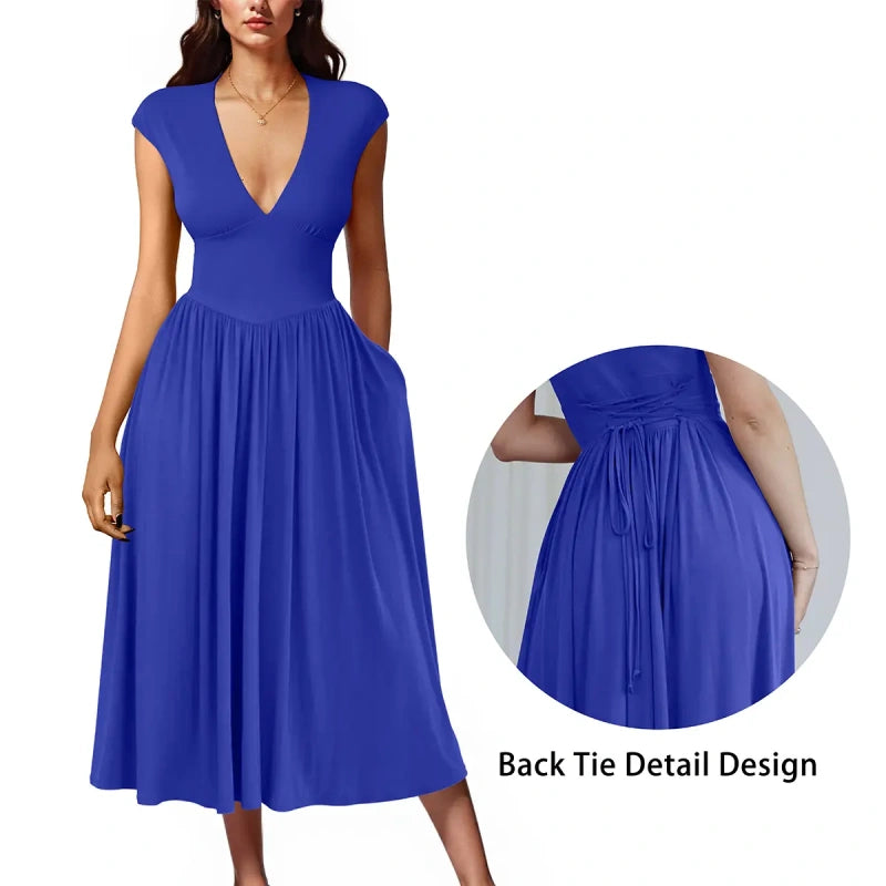 SALAZIA Deep V-Neck Cap Sleeve Pleated A-Line Midi Dresses