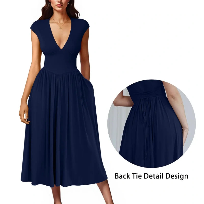 SALAZIA Deep V-Neck Cap Sleeve Pleated A-Line Midi Dresses
