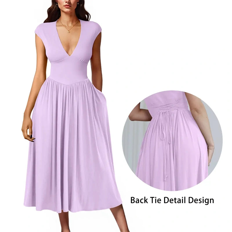 SALAZIA Deep V-Neck Cap Sleeve Pleated A-Line Midi Dresses