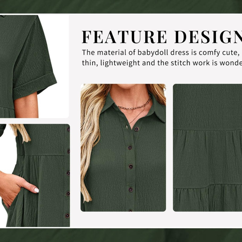 SALAZIA Babydoll Short Sleeve Button Down Loose Mini Dresses