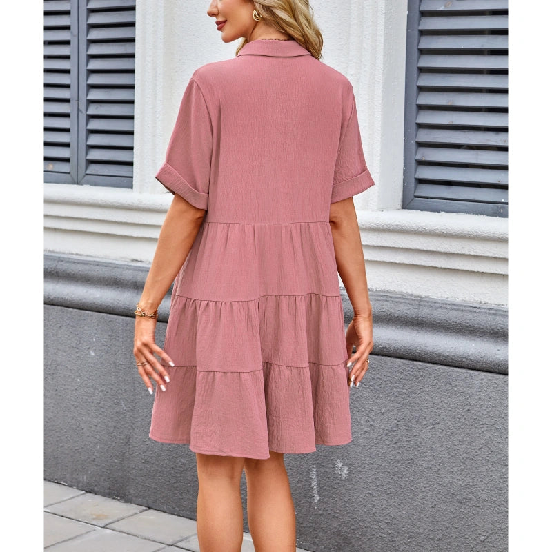 SALAZIA Babydoll Short Sleeve Button Down Loose Mini Dresses