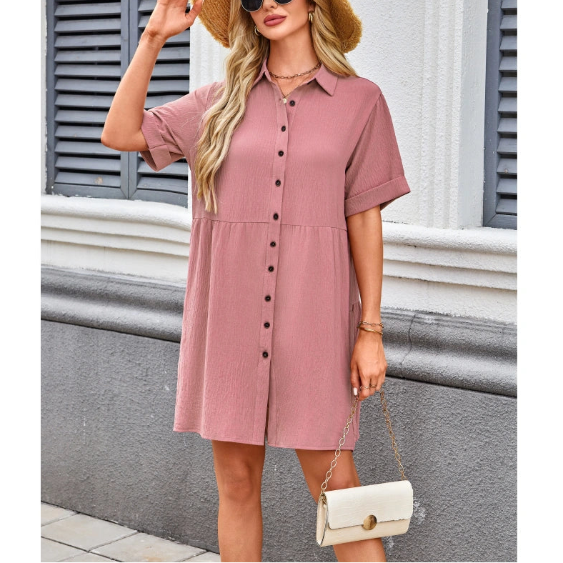 SALAZIA Babydoll Short Sleeve Button Down Loose Mini Dresses