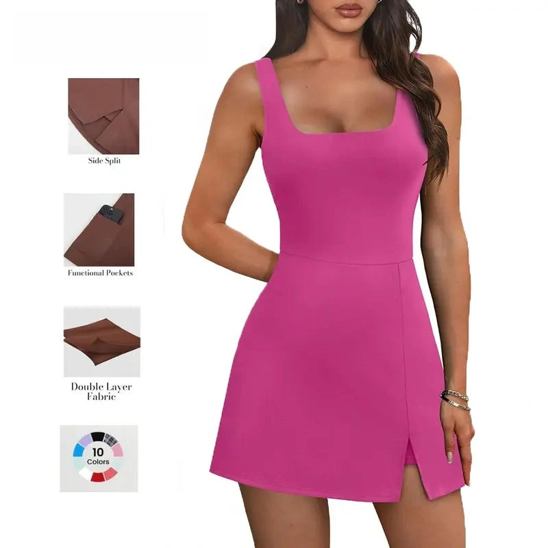 SALAZIA Women's Mini U-Neck Sleeveless Athletic Dresses