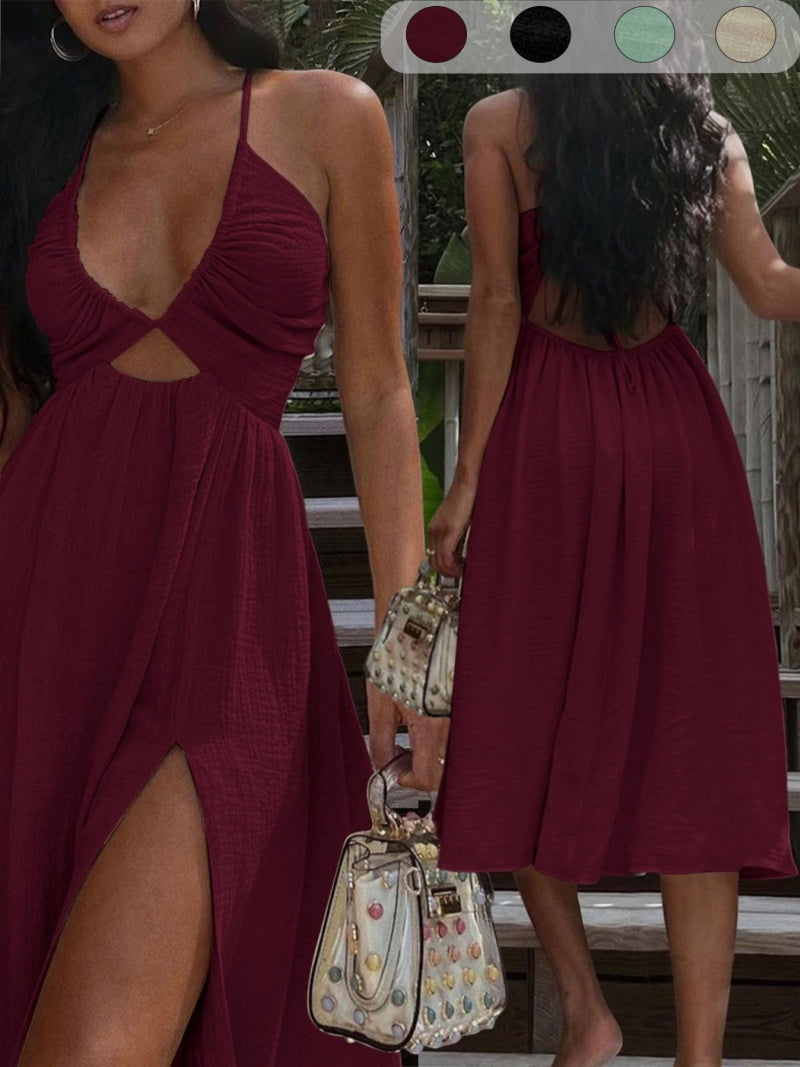 SALAZIA Women's V-Neck Loose Beach Style Split Long Vacation Dresses