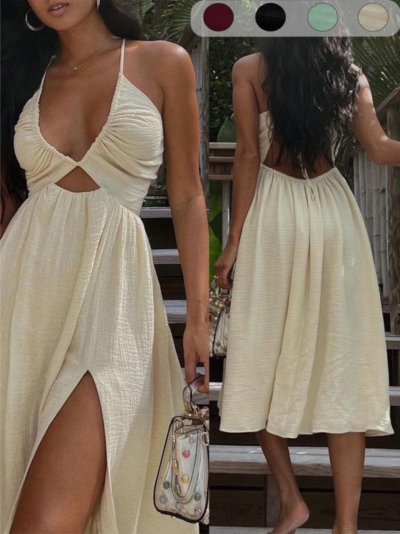 SALAZIA Women's V-Neck Loose Beach Style Split Long Vacation Dresses