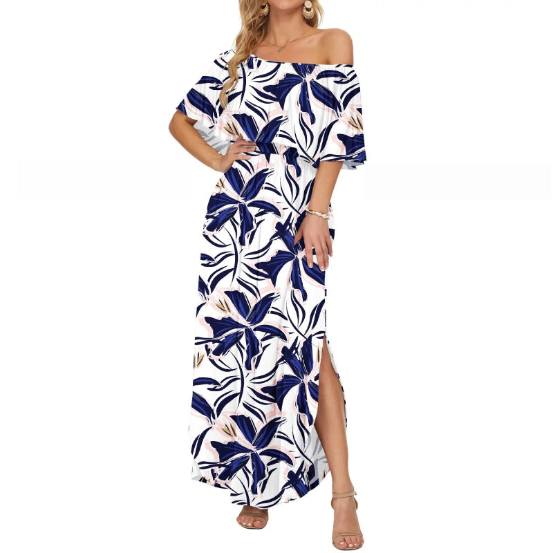SALAZIA Plus Size Off-Shoulder Ruffle Side Split Maxi with Pockets Beach Dresses