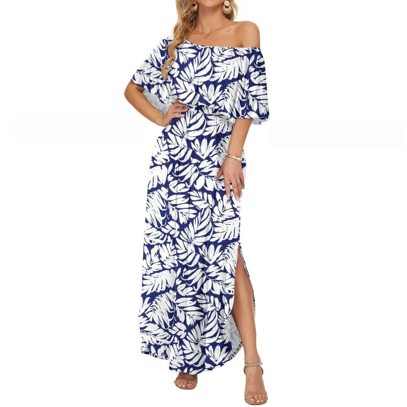 SALAZIA Plus Size Off-Shoulder Ruffle Side Split Maxi with Pockets Beach Dresses