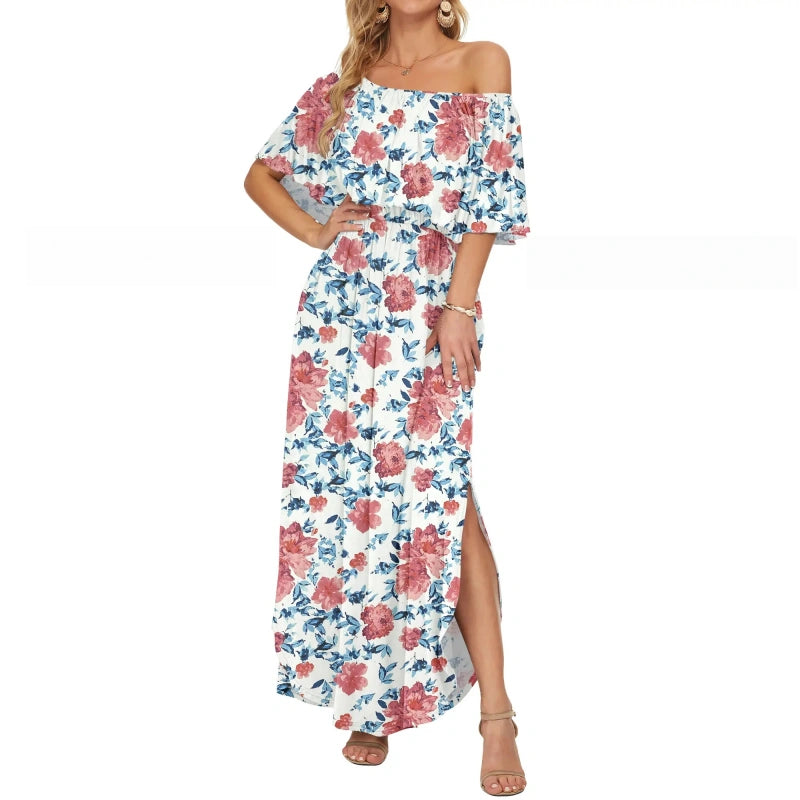 SALAZIA Plus Size Off-Shoulder Ruffle Side Split Maxi with Pockets Beach Dresses