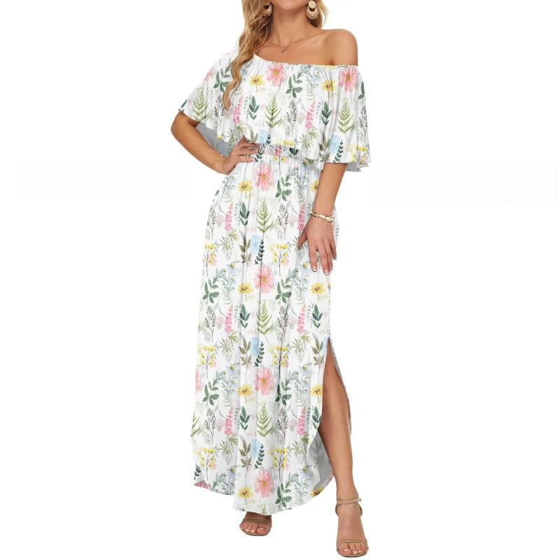 SALAZIA Plus Size Off-Shoulder Ruffle Side Split Maxi with Pockets Beach Dresses
