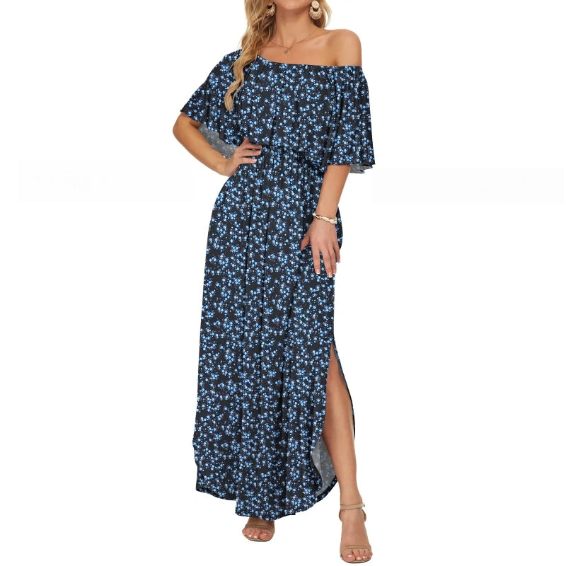 SALAZIA Plus Size Off-Shoulder Ruffle Side Split Maxi with Pockets Beach Dresses
