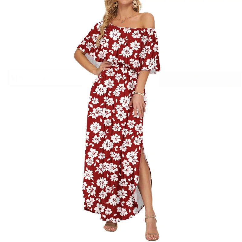 SALAZIA Plus Size Off-Shoulder Ruffle Side Split Maxi with Pockets Beach Dresses