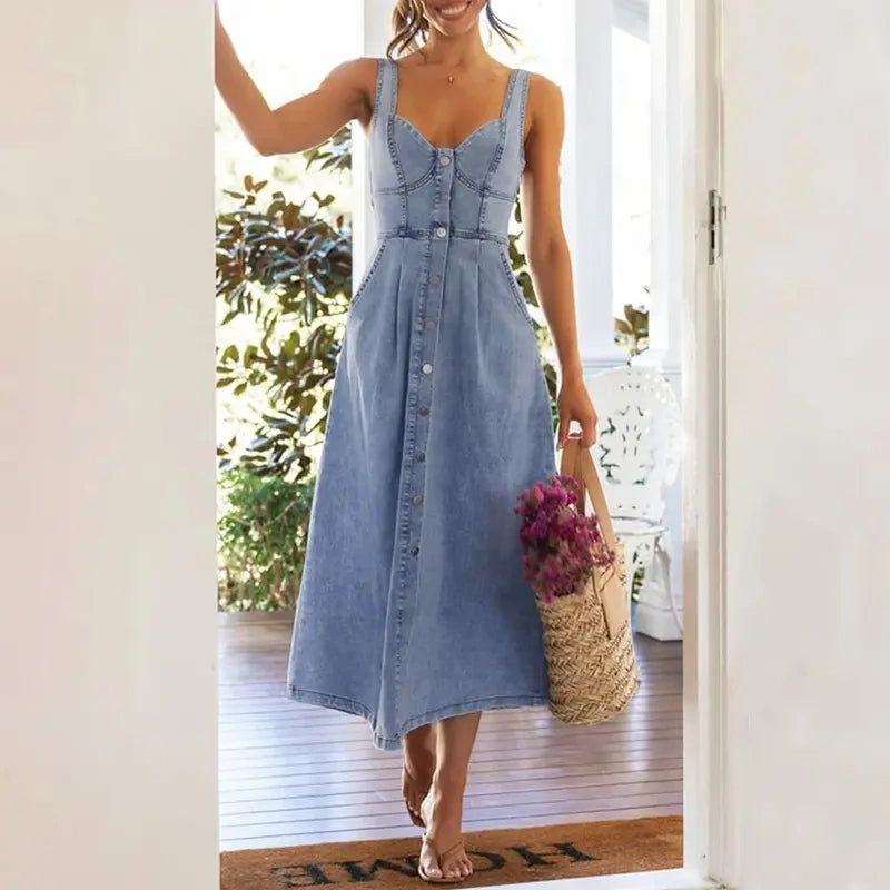 SALAZIA Sleeveless Denim Midi Button-Down Slim-Fit Dresses