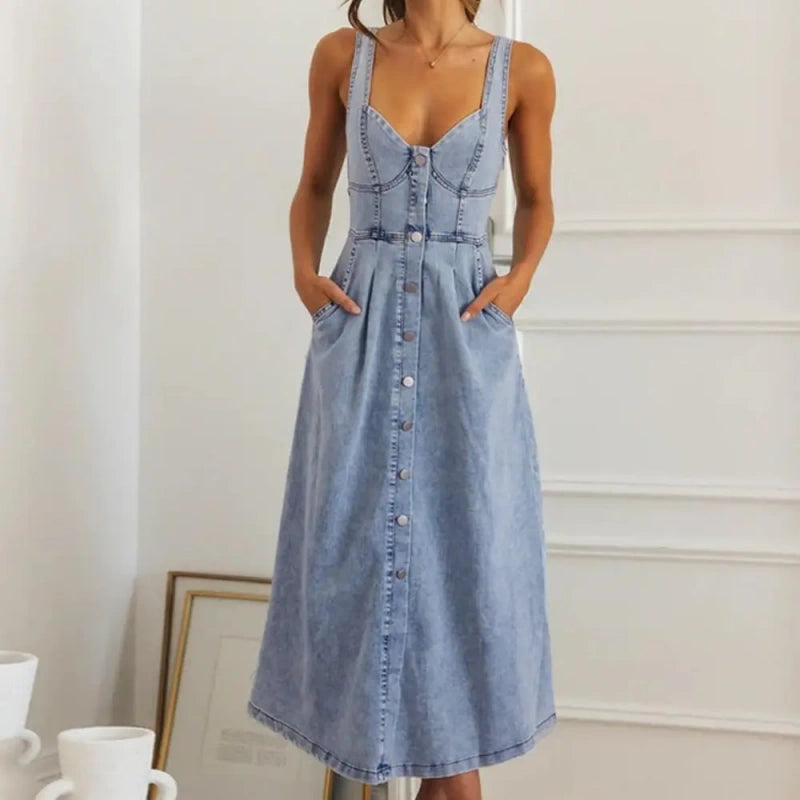 SALAZIA Sleeveless Denim Midi Button-Down Slim-Fit Dresses