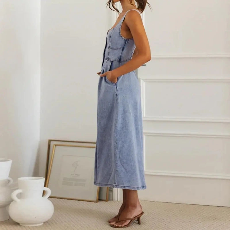 SALAZIA Sleeveless Denim Midi Button-Down Slim-Fit Dresses