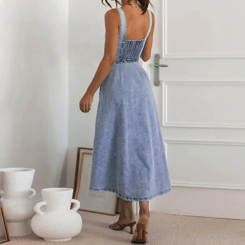 SALAZIA Sleeveless Denim Midi Button-Down Slim-Fit Dresses