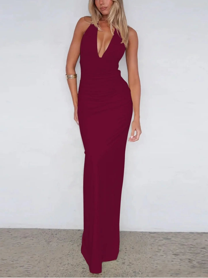 SALAZIA Women's Halter Neck Backless Lace-up Bodycon Long Maxi Dresses