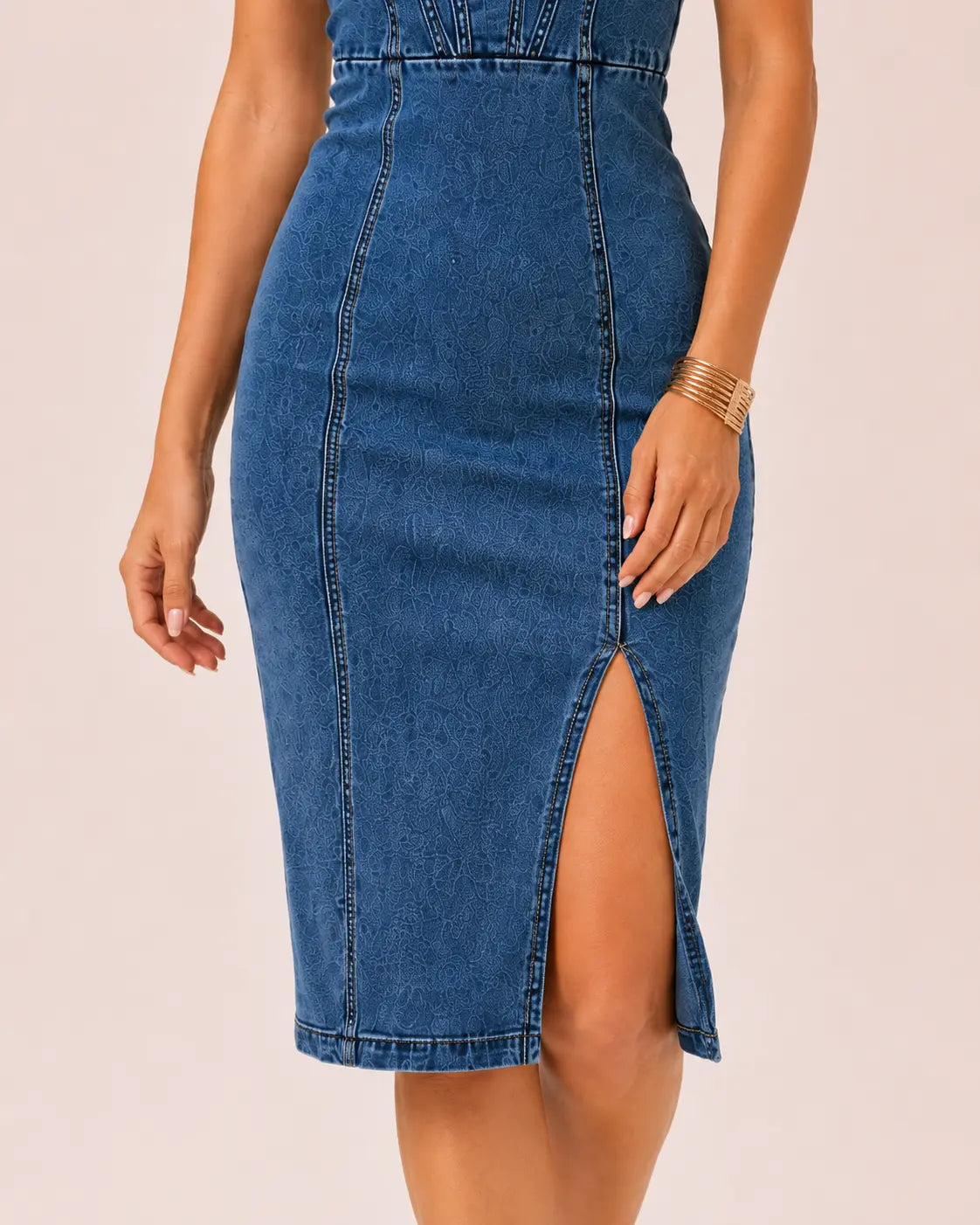 SALAZIA Women's Sleeveless Side Slit Bodycon Midi Denim Dresses