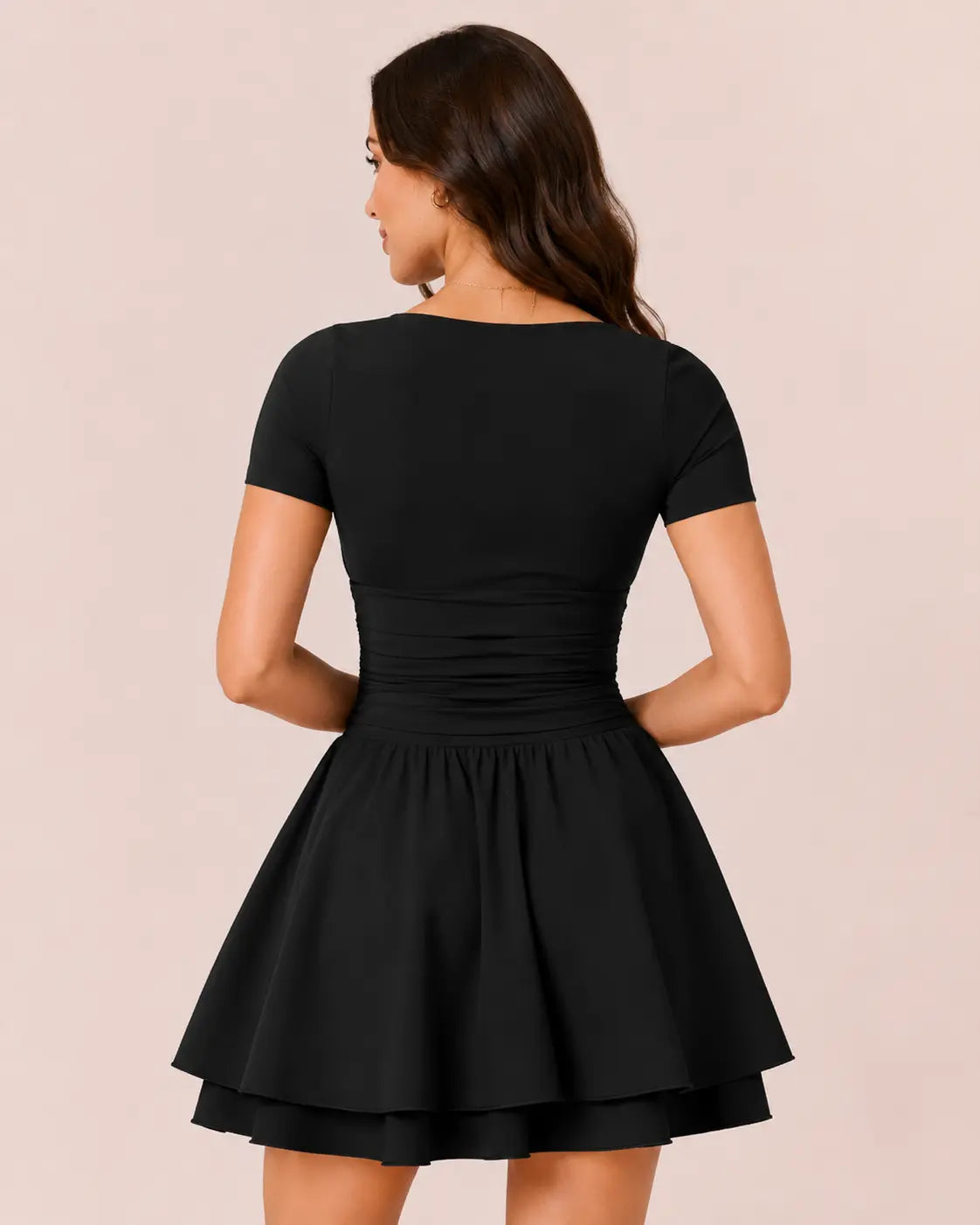 SALAZIA Women's Square Neck Ruffle Hem Short Sleeve Mini with Pockets Dresses