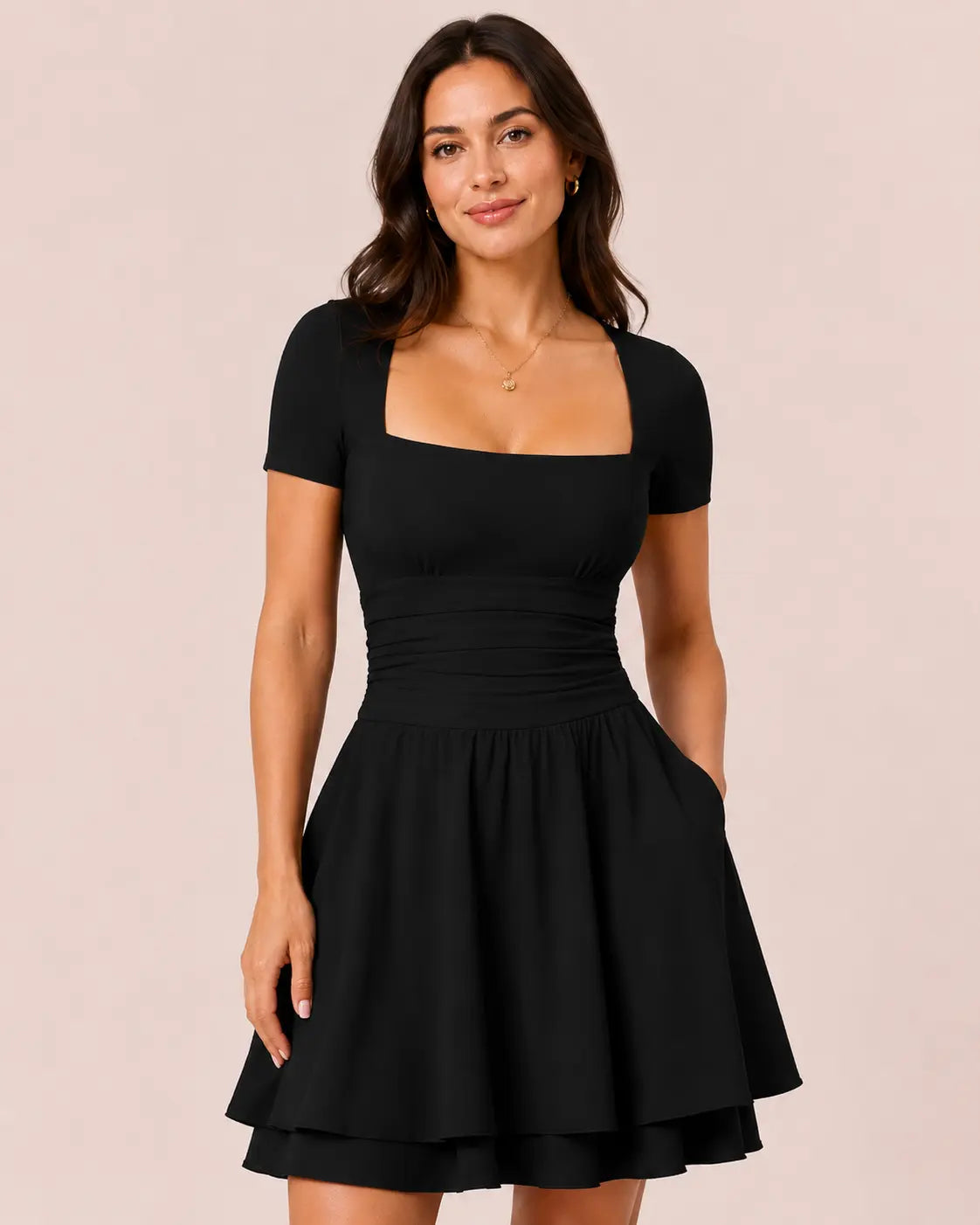 SALAZIA Women's Square Neck Ruffle Hem Short Sleeve Mini with Pockets Dresses
