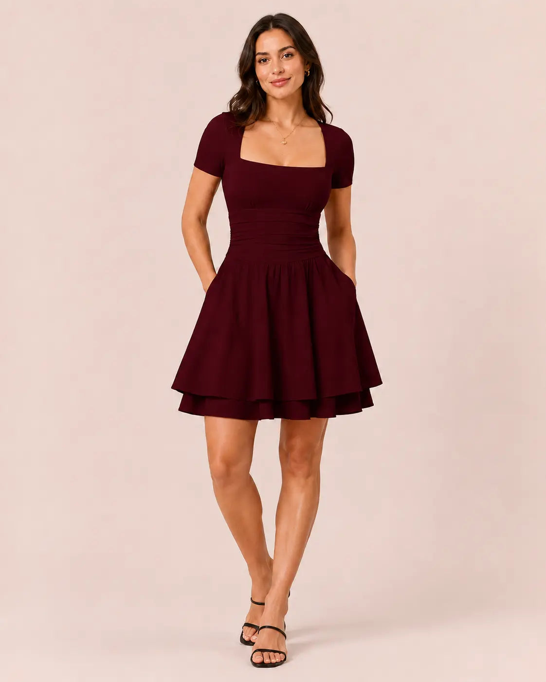 SALAZIA Women's Square Neck Ruffle Hem Short Sleeve Mini with Pockets Dresses