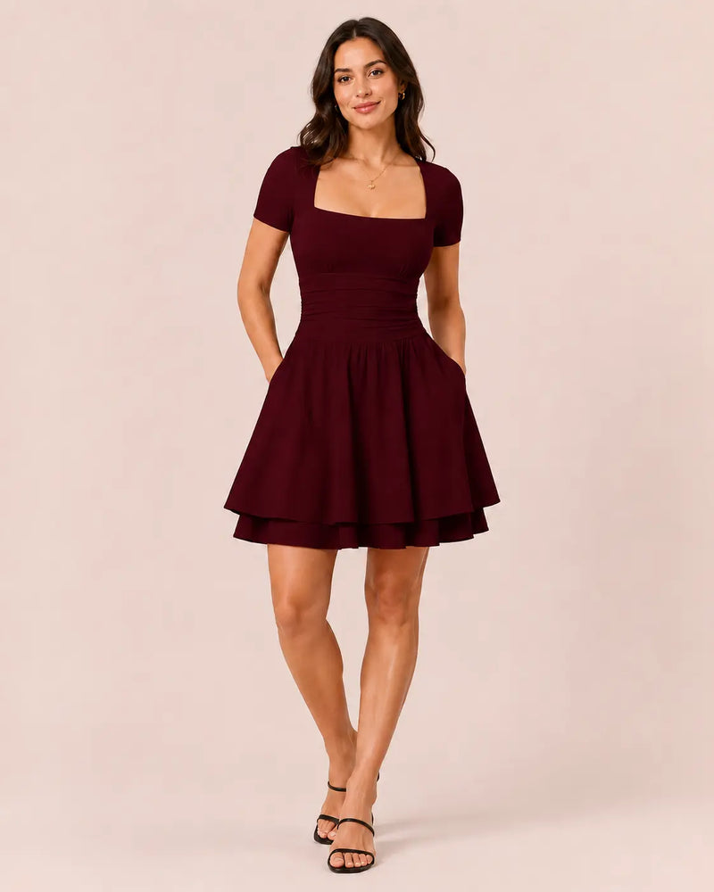 SALAZIA Women's Square Neck Ruffle Hem Short Sleeve Mini with Pockets Dresses
