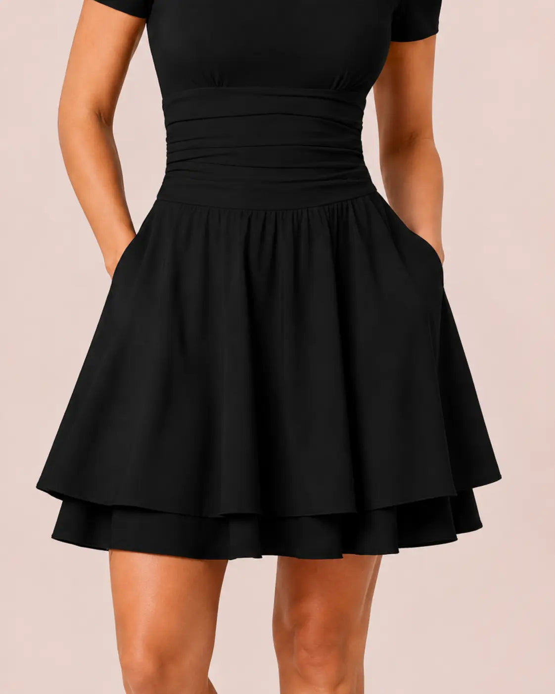 SALAZIA Women's Square Neck Ruffle Hem Short Sleeve Mini with Pockets Dresses