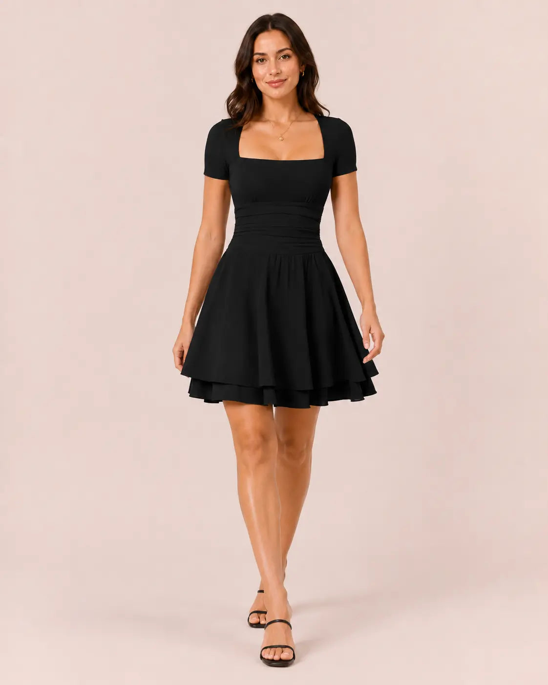 SALAZIA Women's Square Neck Ruffle Hem Short Sleeve Mini with Pockets Dresses