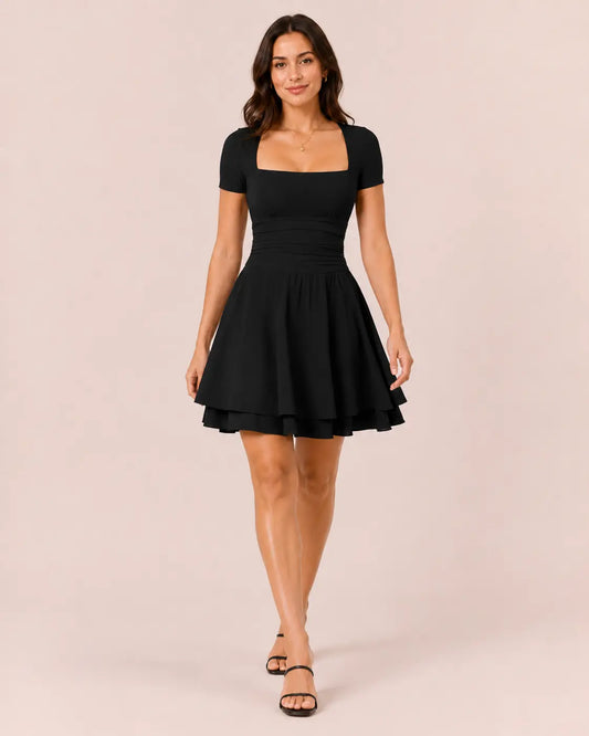 SALAZIA Women's Square Neck Ruffle Hem Short Sleeve Mini with Pockets Dresses