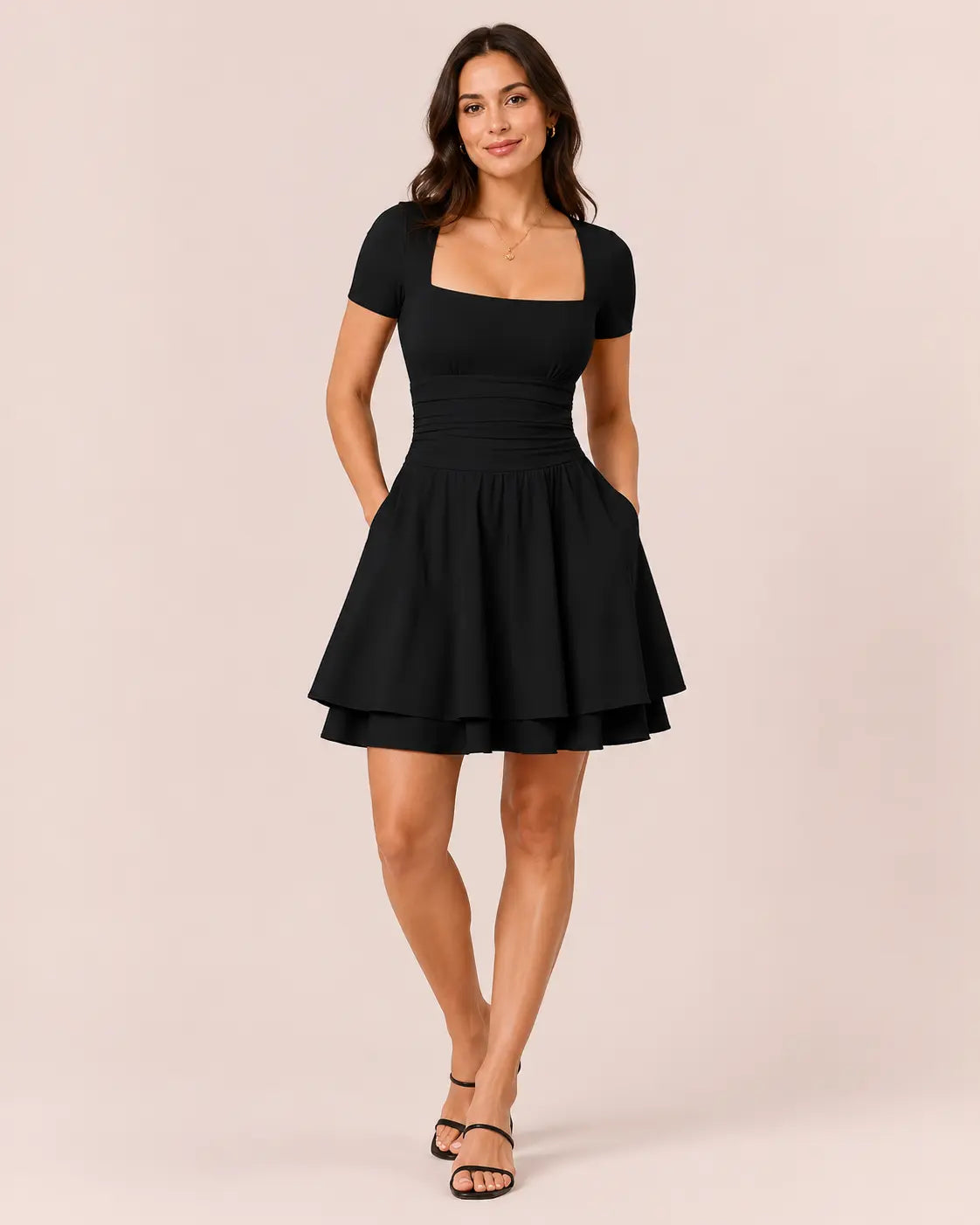 SALAZIA Women's Square Neck Ruffle Hem Short Sleeve Mini with Pockets Dresses