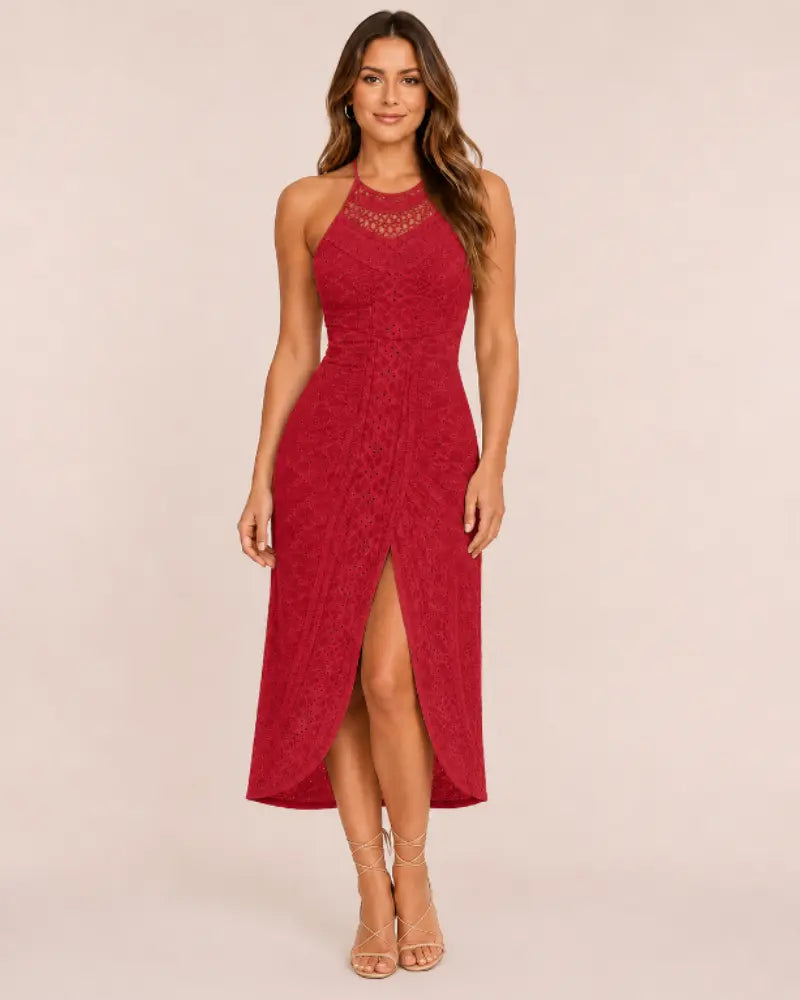 SALAZIA Women's Halter Hollow-out A-Line Front Slit Ruched Maxi Dresses
