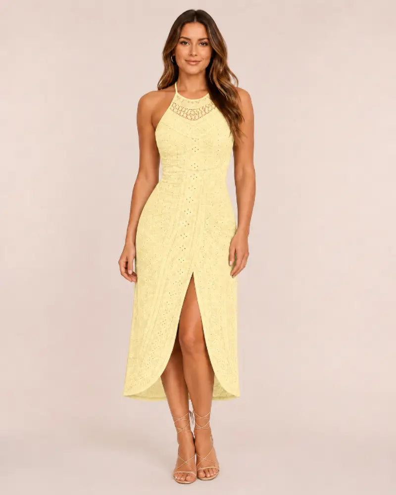SALAZIA Women's Halter Hollow-out A-Line Front Slit Ruched Maxi Dresses