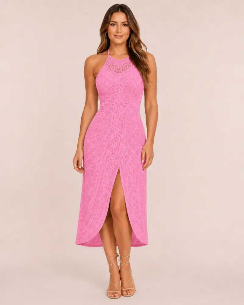 SALAZIA Women's Halter Hollow-out A-Line Front Slit Ruched Maxi Dresses