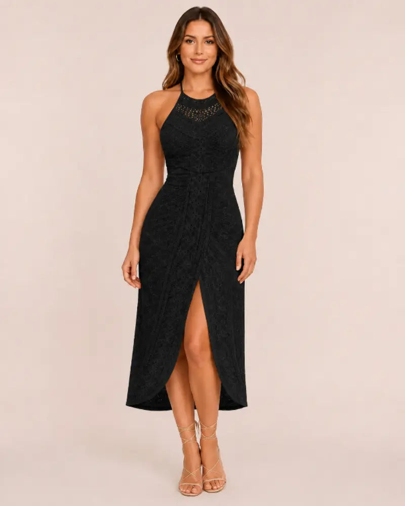 SALAZIA Women's Halter Hollow-out A-Line Front Slit Ruched Maxi Dresses