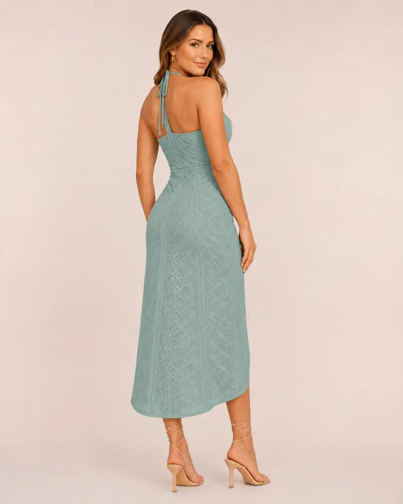 SALAZIA Women's Halter Hollow-out A-Line Front Slit Ruched Maxi Dresses