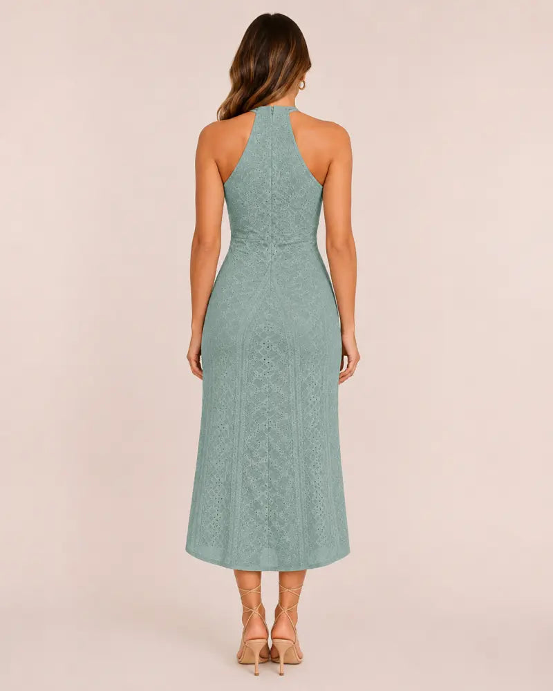 SALAZIA Women's Halter Hollow-out A-Line Front Slit Ruched Maxi Dresses