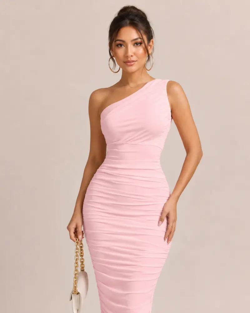 SALAZIA Women's One Shoulder Sleeveless Ruched Bodycon Midi Dresses