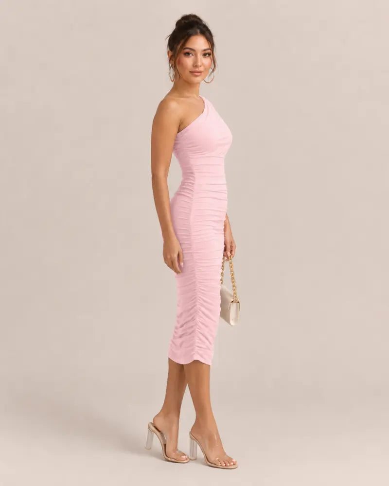 SALAZIA Women's One Shoulder Sleeveless Ruched Bodycon Midi Dresses