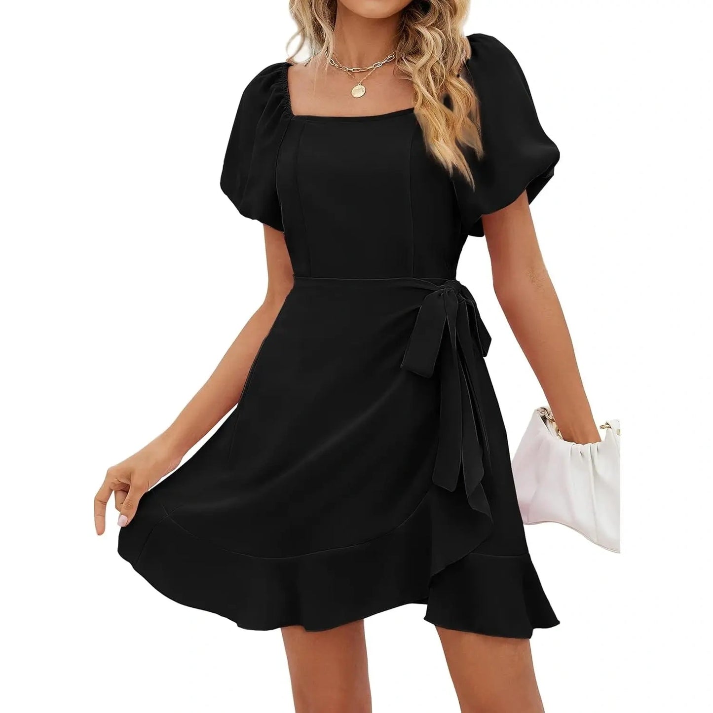 SALAZIA Women‘s Summer Dresses Square Neck Puff Sleeve Tie Waist Short Dresses