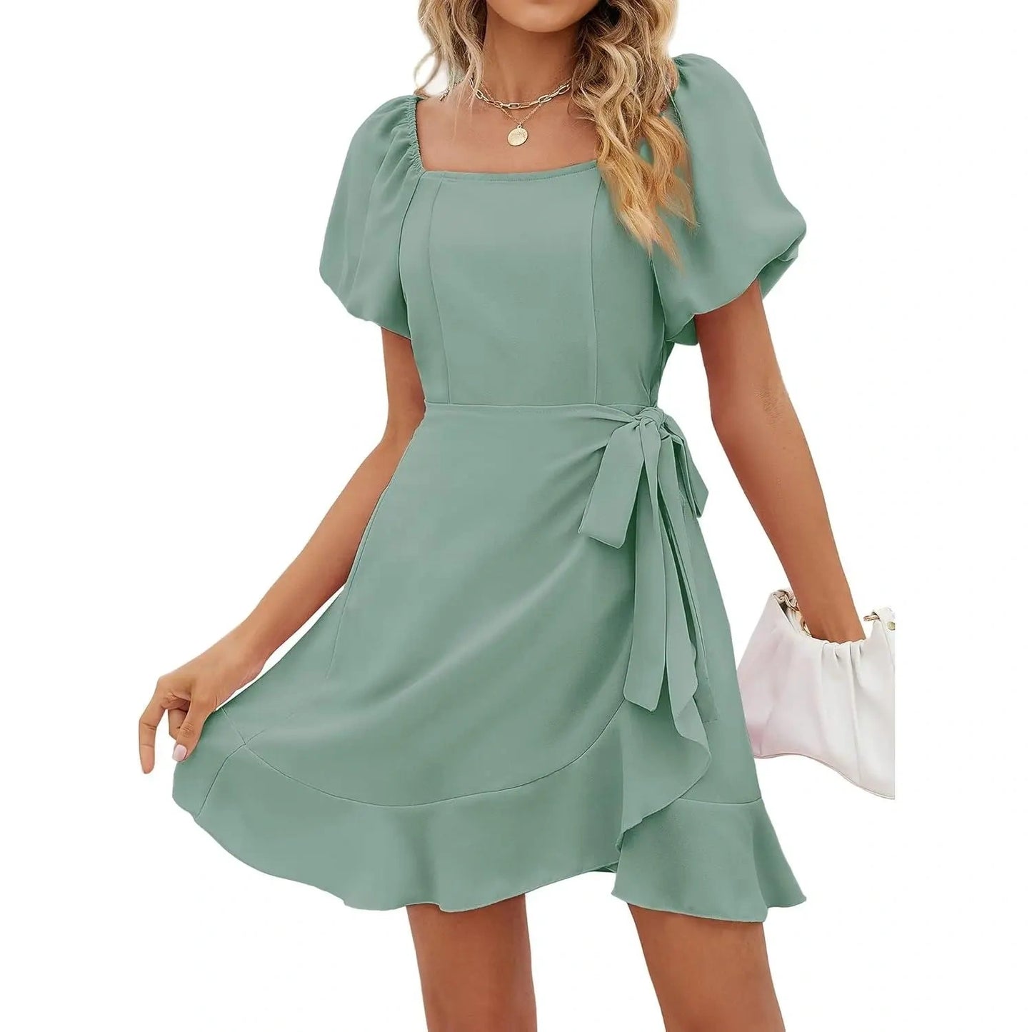 SALAZIA Women‘s Summer Dresses Square Neck Puff Sleeve Tie Waist Short Dresses