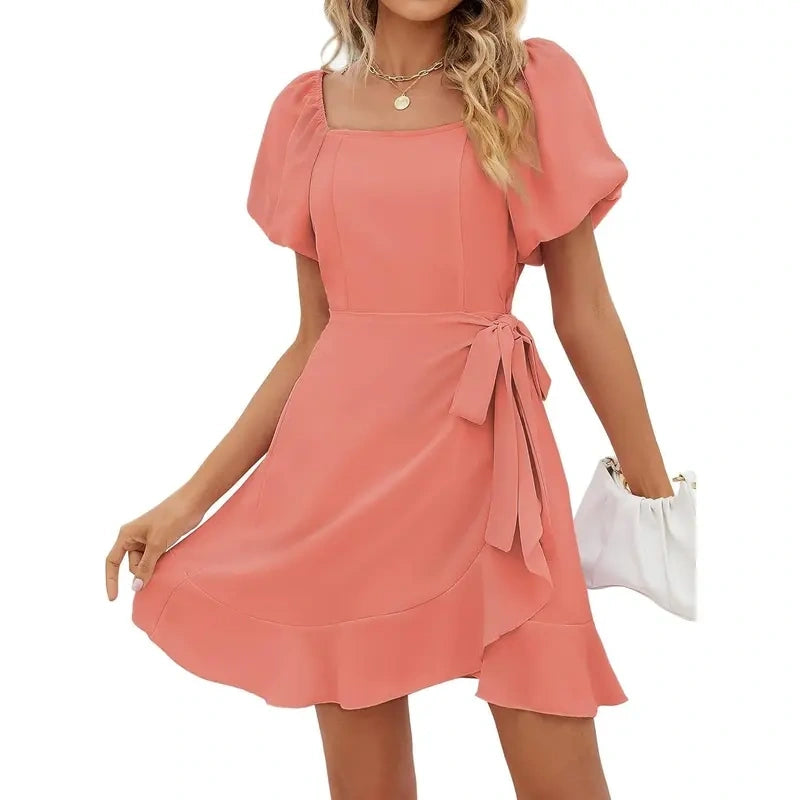 SALAZIA Women‘s Summer Dresses Square Neck Puff Sleeve Tie Waist Short Dresses