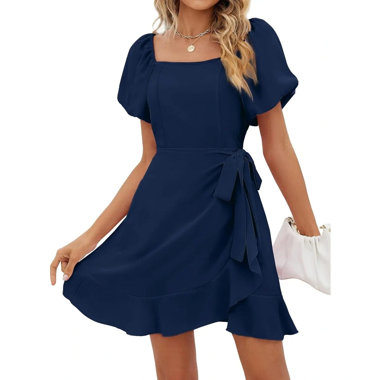 SALAZIA Women‘s Summer Dresses Square Neck Puff Sleeve Tie Waist Short Dresses