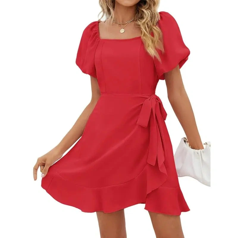 SALAZIA Women‘s Summer Dresses Square Neck Puff Sleeve Tie Waist Short Dresses