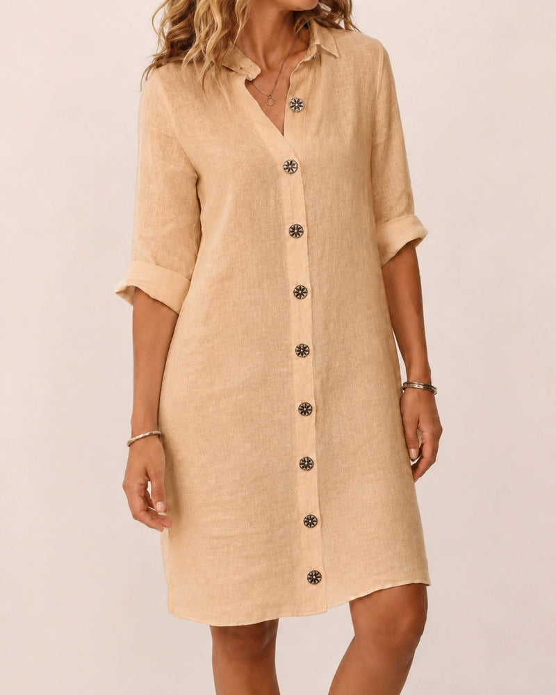 SALAZIA Women's Solid Color Collared Button-Front Roll-Up Sleeve Loose Fit Knee-Length Casual Shirt Dress