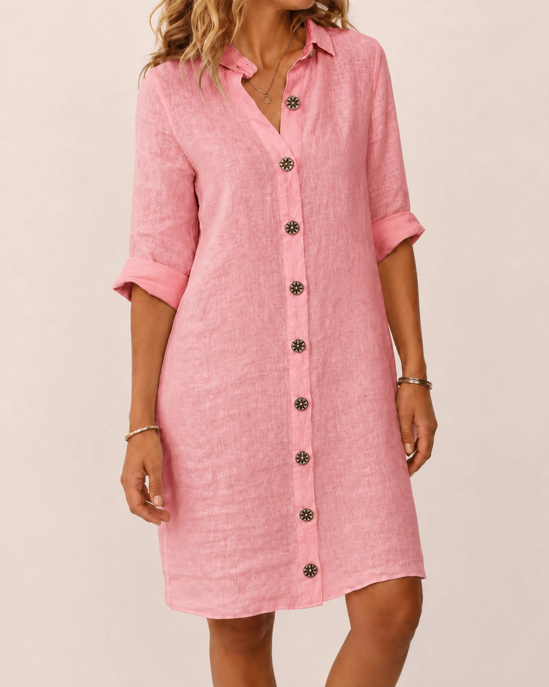 SALAZIA Women's Solid Color Collared Button-Front Roll-Up Sleeve Loose Fit Knee-Length Casual Shirt Dress